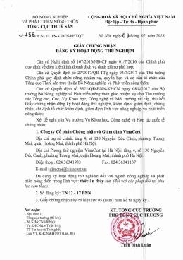 Tổng cục Thủy sản – Bộ NN&PTNT chứng nhận VinaCert đã đăng ký hoạt động thử nghiệm lĩnh vực thức ăn thủy sản