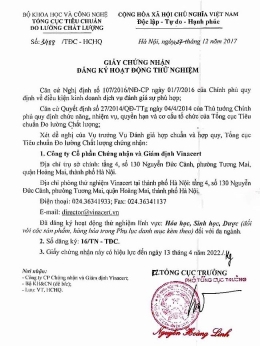 Tổng cục Tiêu chuẩn Đo lường Chất lượng - Bộ KHCN cấp giấy chứng nhận VinaCert đăng ký hoạt động thử nghiệm lĩnh vực Hóa học, Sinh học, Dược