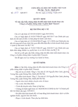 Bộ Y tế chứng nhận VinaCert đủ điều kiện kinh doanh dịch vụ kiểm nghiệm thuốc, nguyên liệu làm thuốc